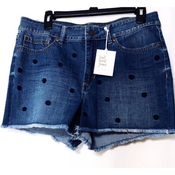 LC Lauren Conrad Womens Mid Rise Polka Dot Raw Hem Jean Shorts Summer Sz 10 New - Picture 2 of 7
